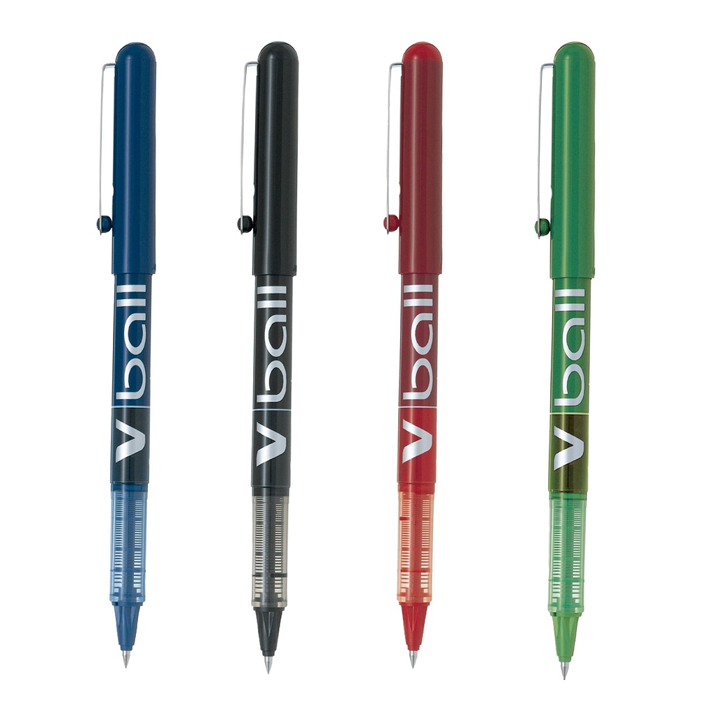 Bolígrafos Pilot V-Ball 0,5 azul, verde, negro y rojo en disposición diagonal con tapa colocada