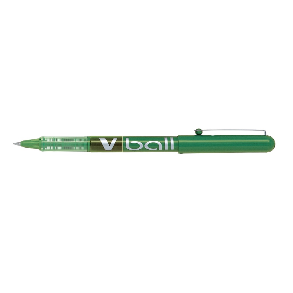 Bolígrafo roller Pilot V-Ball 0,5 verde en vista lateral con tapa colocada y punta metálica extrafina