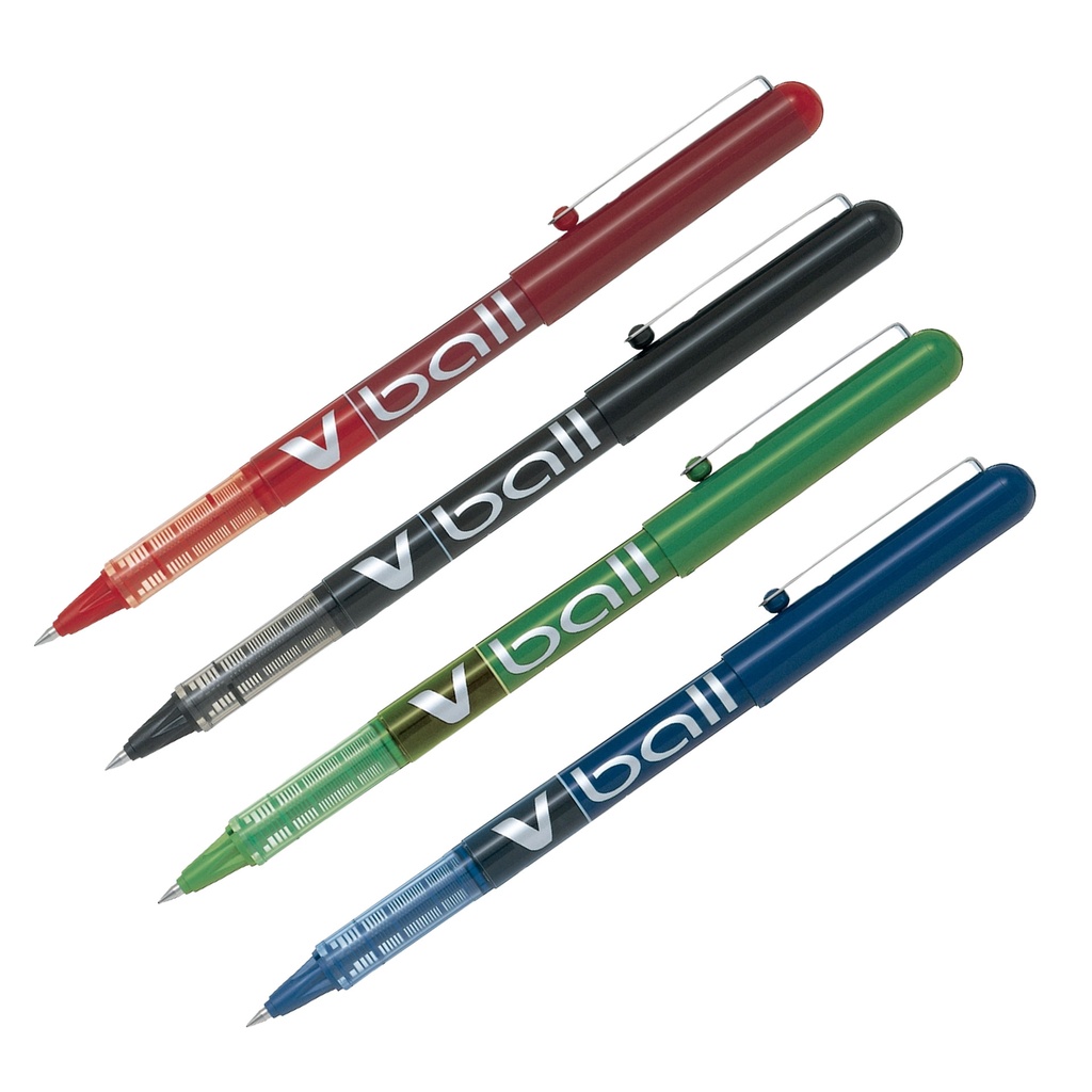 Bolígrafos roller Pilot V-Ball 0,5 en colores azul, negro, rojo y verde alineados verticalmente con tapa