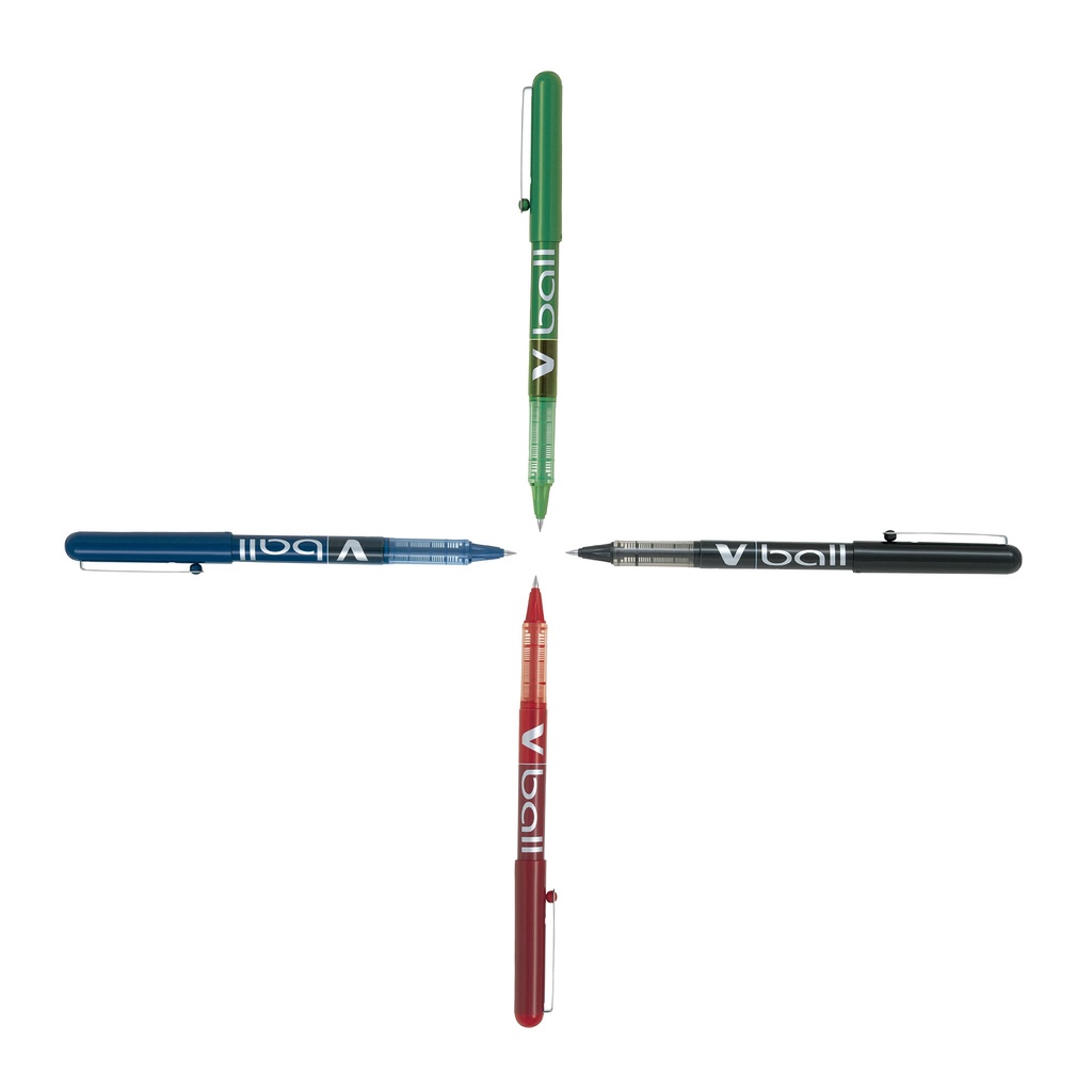 Vista superior de bolígrafos Pilot V-Ball 0,5 azul, negro, rojo y verde formando una cruz con las puntas al centro