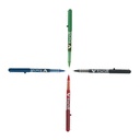 Vista superior de bolígrafos Pilot V-Ball 0,5 azul, negro, rojo y verde formando una cruz con las puntas al centro