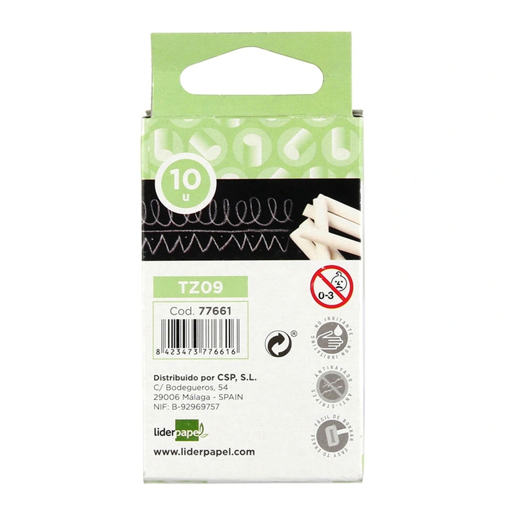 Tizas blancas Liderpapel (Caja 10 unidades en vista trasera)