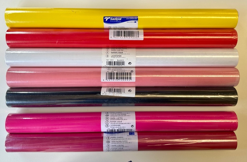 Papel charol brillante rollo 25 hojas 50 x 65 cm para manualidades y decoración escolar