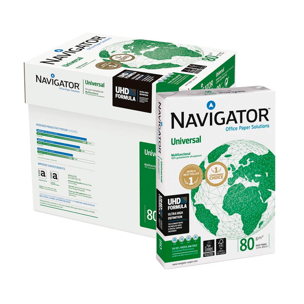 Caja y paquetes de papel DIN-A4 de 80 gramos Navigator Universal