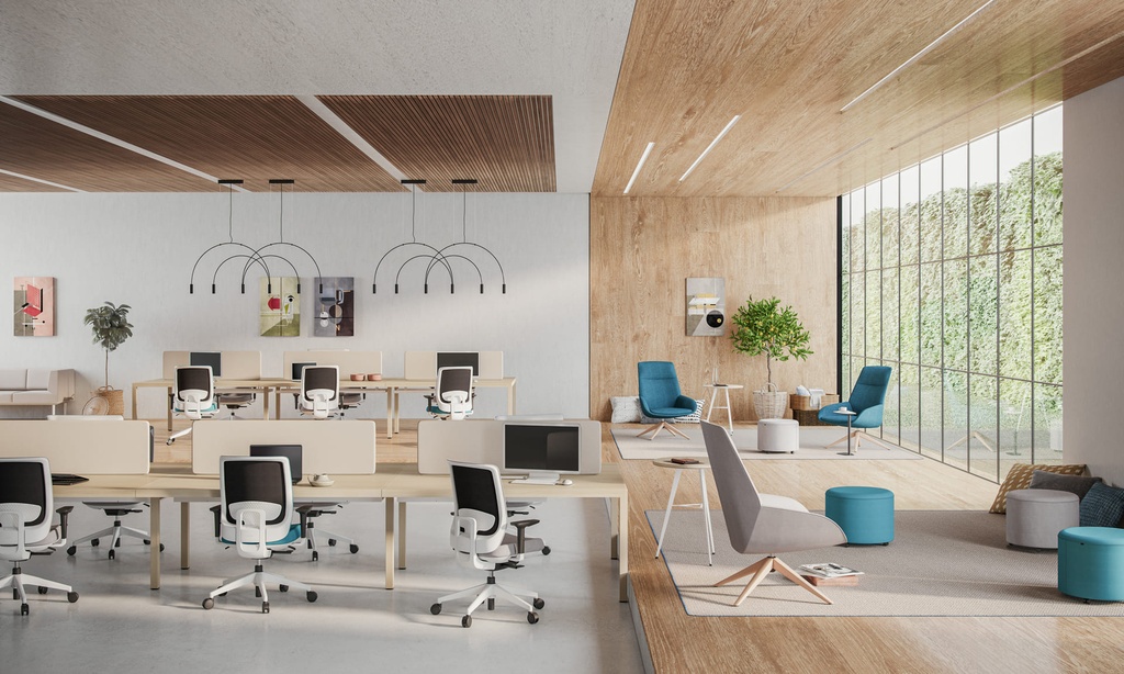 Mesa Prisma con diseño escandinavo y sillas Trim de Actiu  en espacio de trabajo moderno