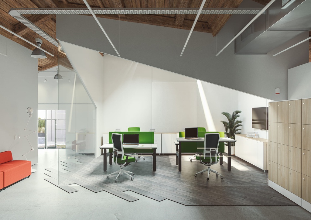 Oficina moderna con mesa Mobility doble de Actiu y sillas TNK Flex verdes