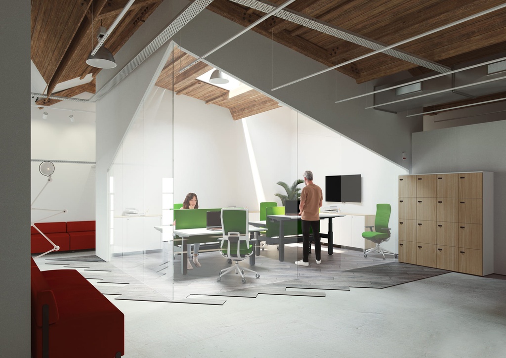 Oficina moderna con mesa Mobility doble de Actiu y taquillas