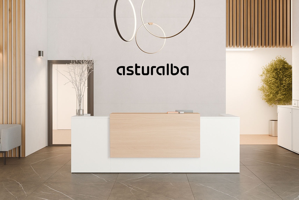 Recepción de Asturalba con mostrador Ofimat blanco