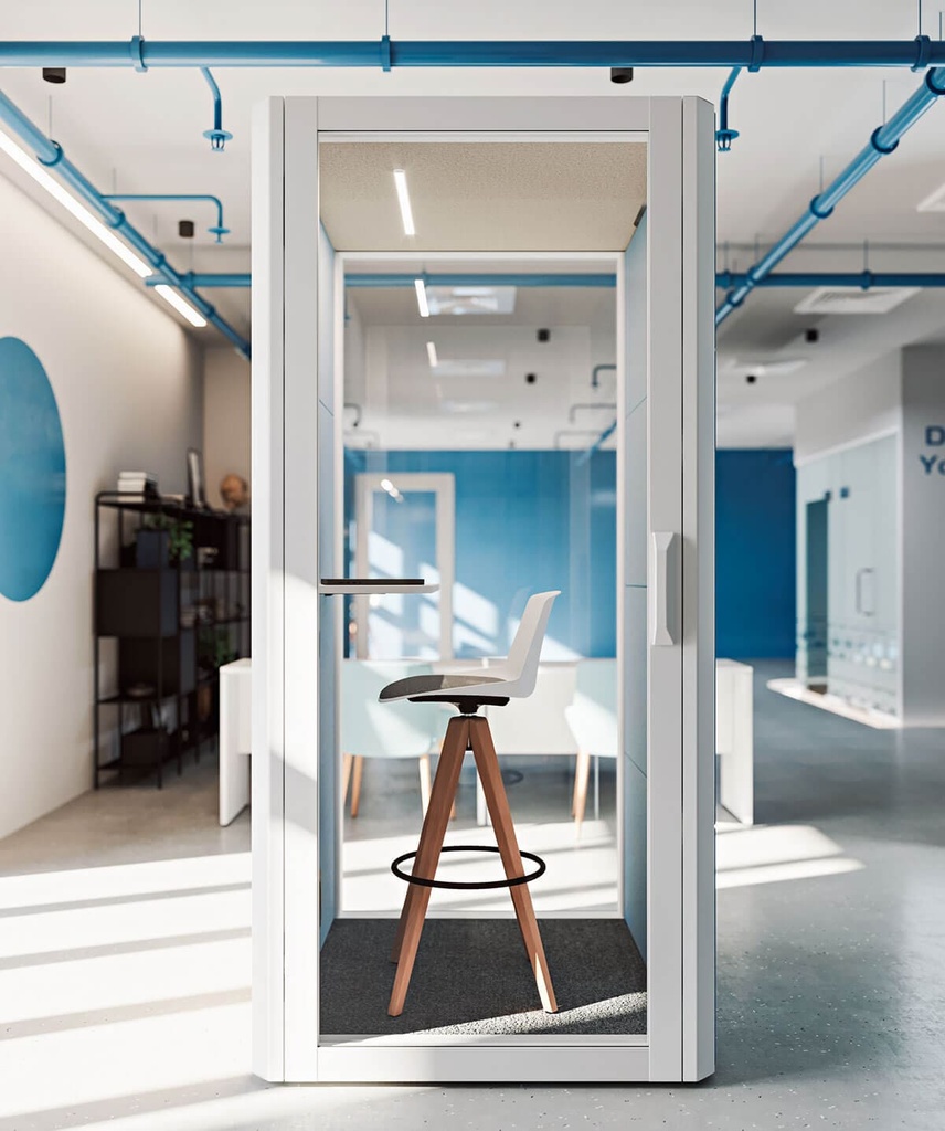 Cabina insonorizada blanca Qyos 100 en showroom de Actiu