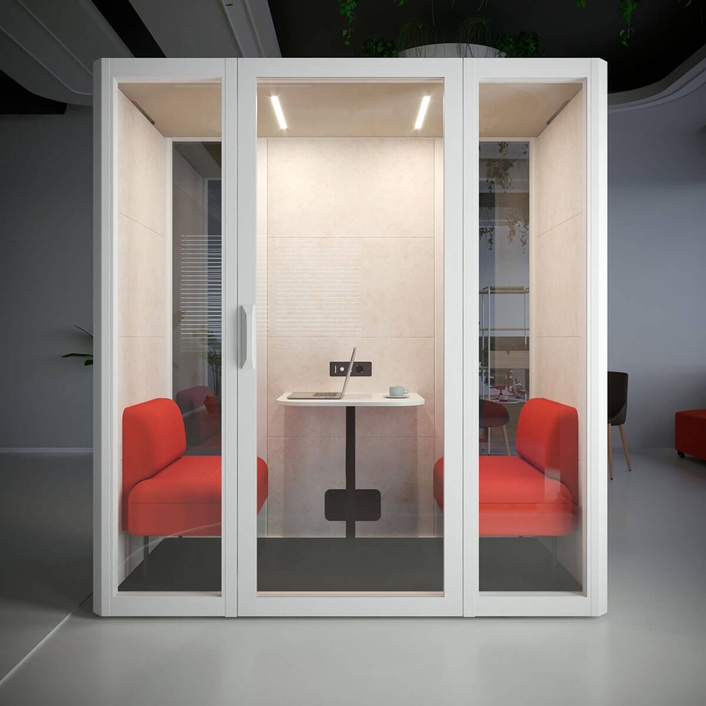 Cabina insonorizada blanca Qyos de Actiu para reuniones con asientos