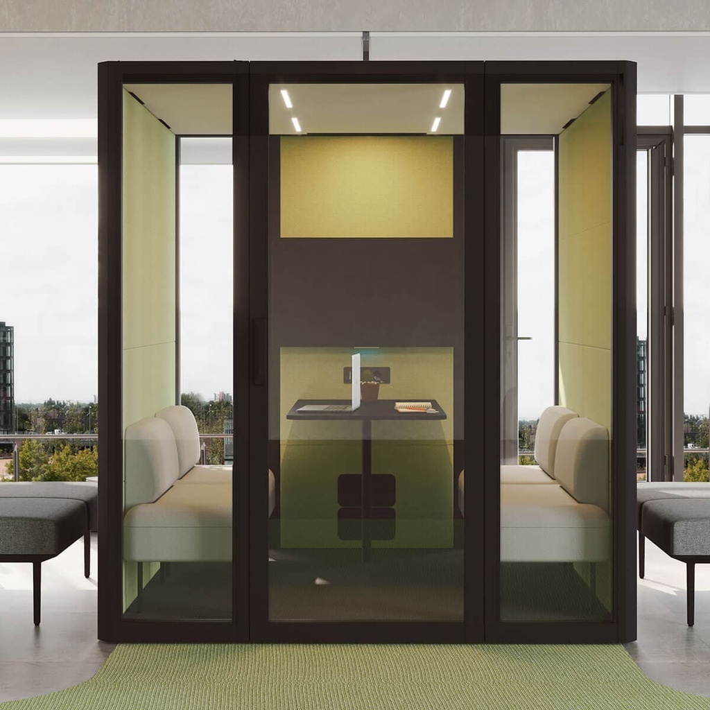 Cabinas insonorizadas Qyos de Actiu para reuniones con asientos