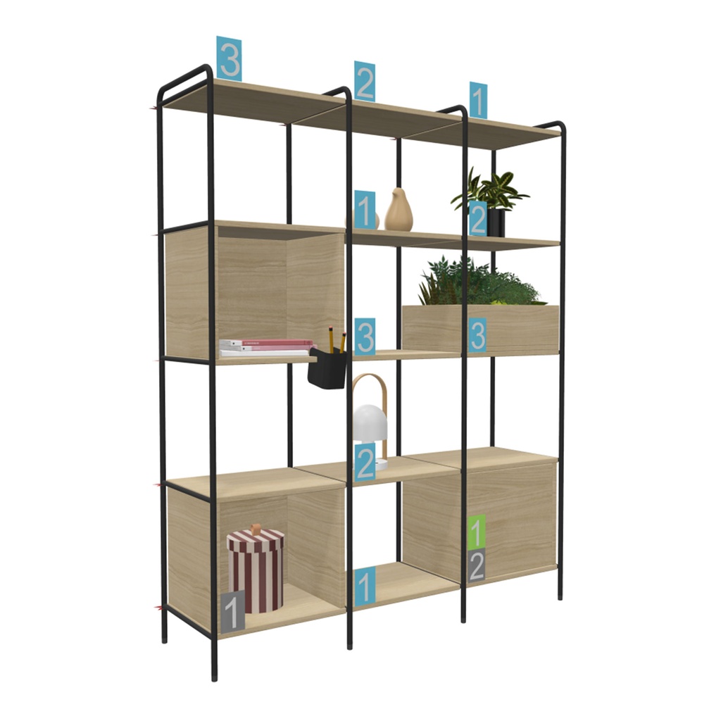 Estantería modular Tubbe de cinco estantes en altura y cuatro pórticos de ancho