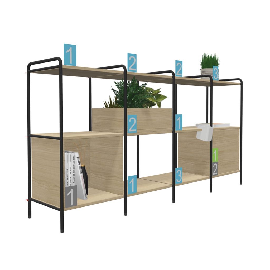 Estantería modular Tubbe de dos estantes en altura y cinco pórticos de ancho