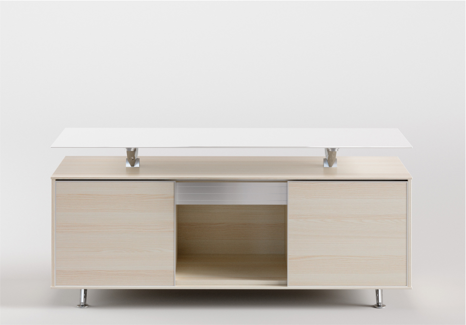 Armarios de diseño Arkitek con altillo de vidrio y acabado acacia