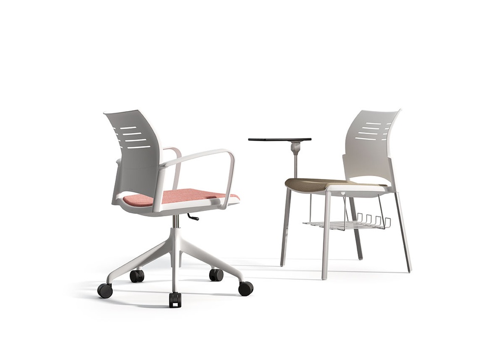 Sillas Spacio de Actiu en blanco con asiento acolchado y tapizado en varios colores