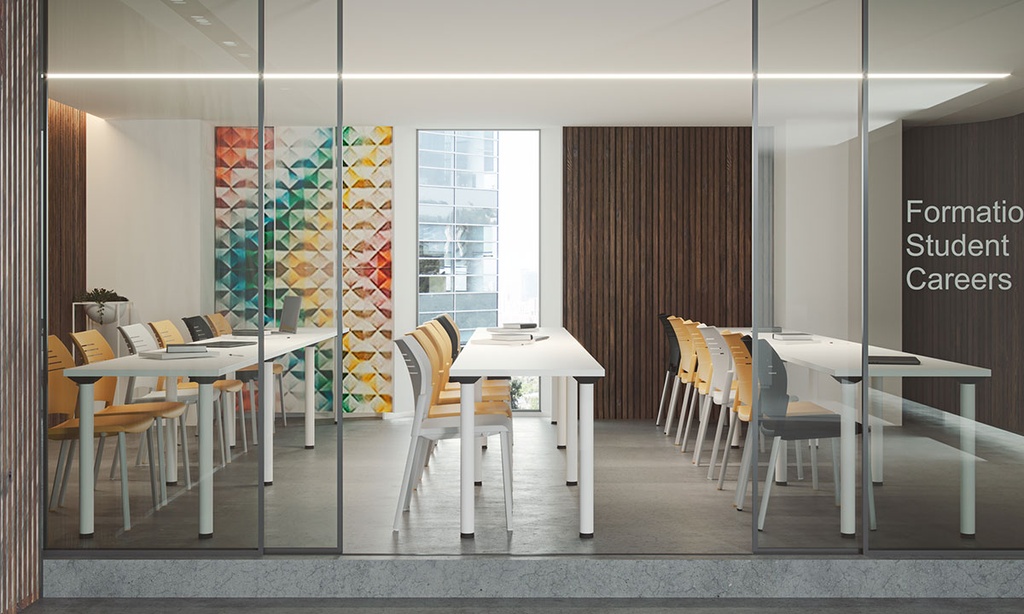 Aula de formación con sillas Spacio de perfil en amarillo mostaza, negro y gris claro