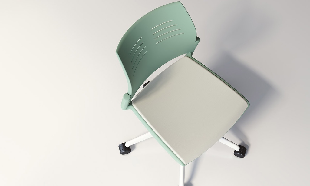 Silla Spacio con carcasa verde, base blanca con ruedas y asiento tapizado en gris