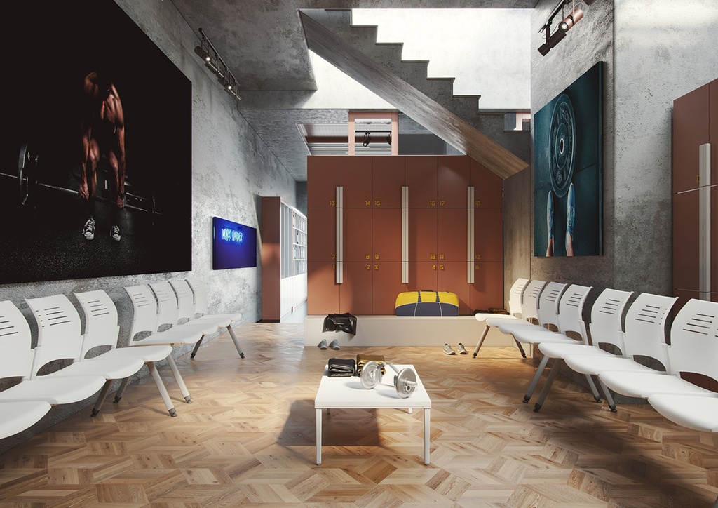 Bancada blanca Spacio en sala de espera de gimnasio