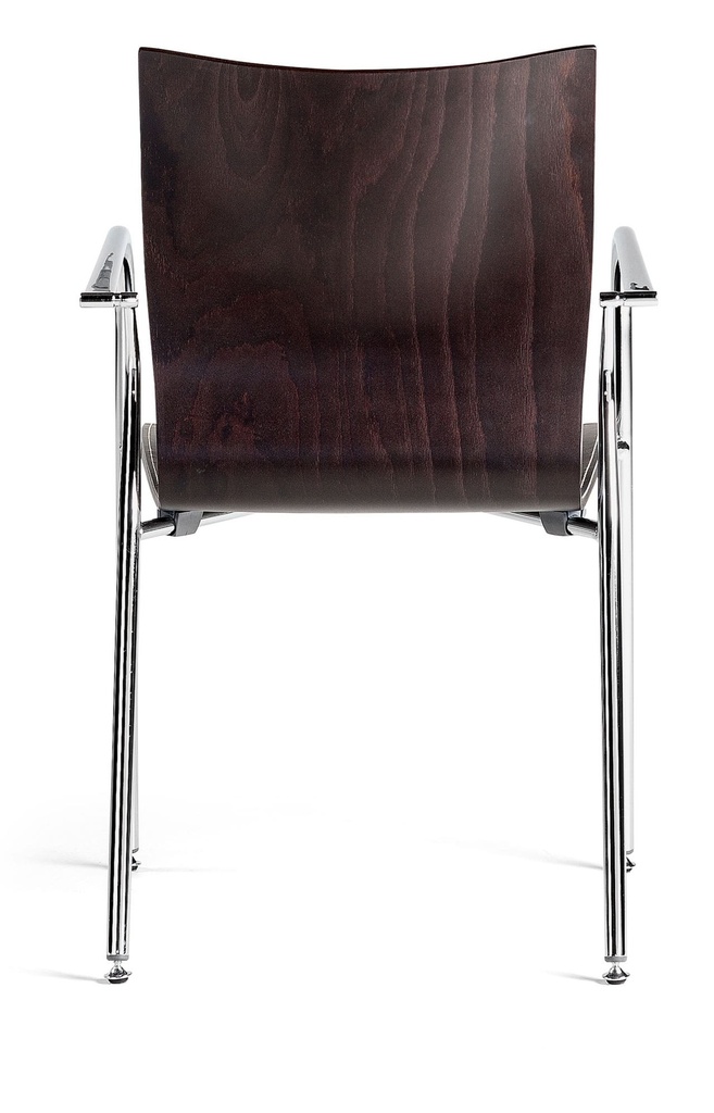 Trasera en madera de la silla Ikara tapizada en piel en el frontal