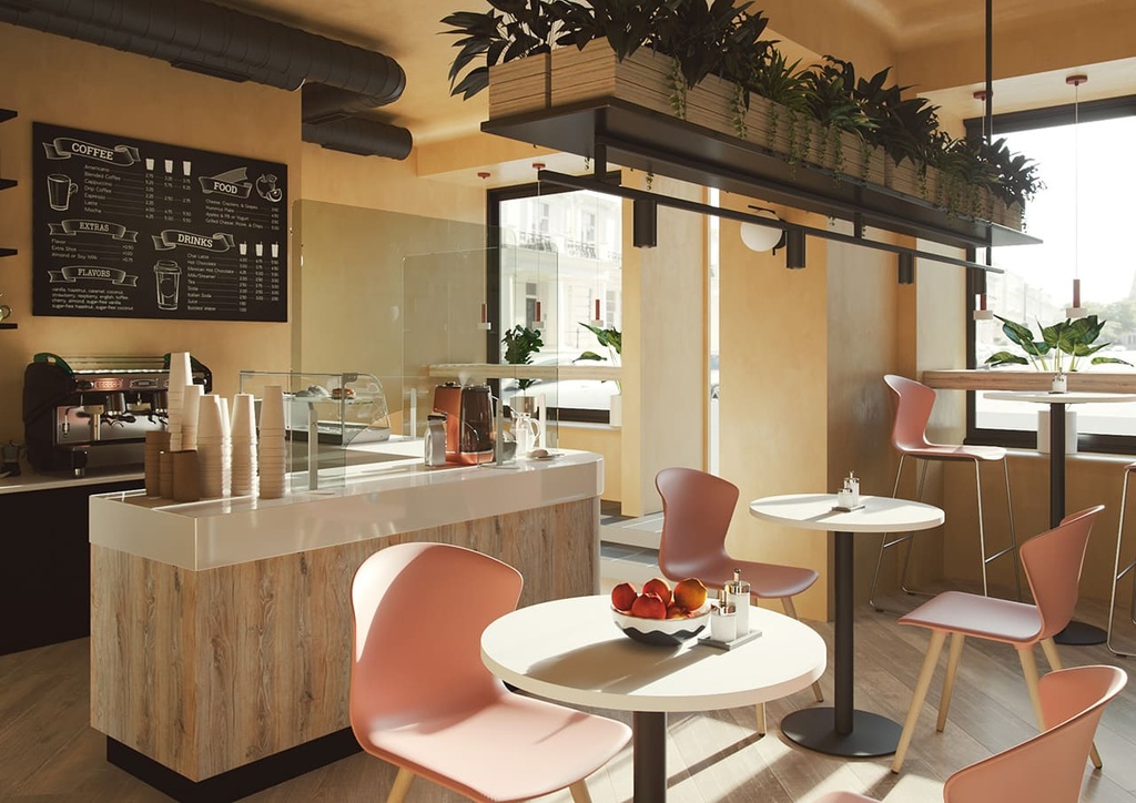 Taburete Whass en color rosa coral en mesa alta Tabula de cafetería moderna