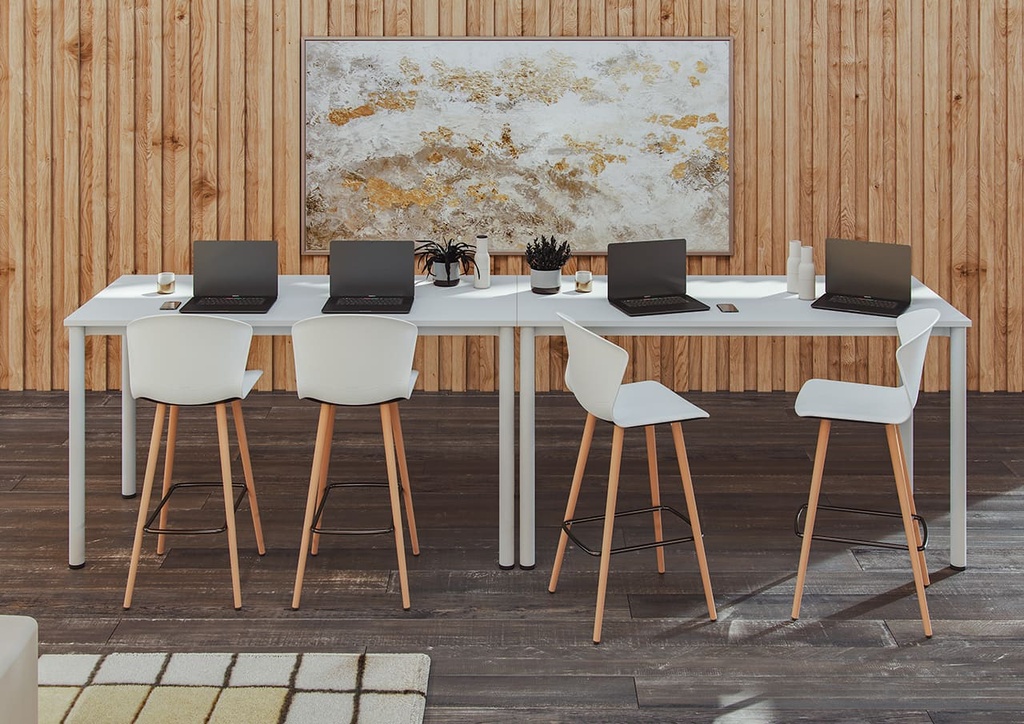 Taburete Whass en blanco con patas de madera de haya en mesa alta para coworking