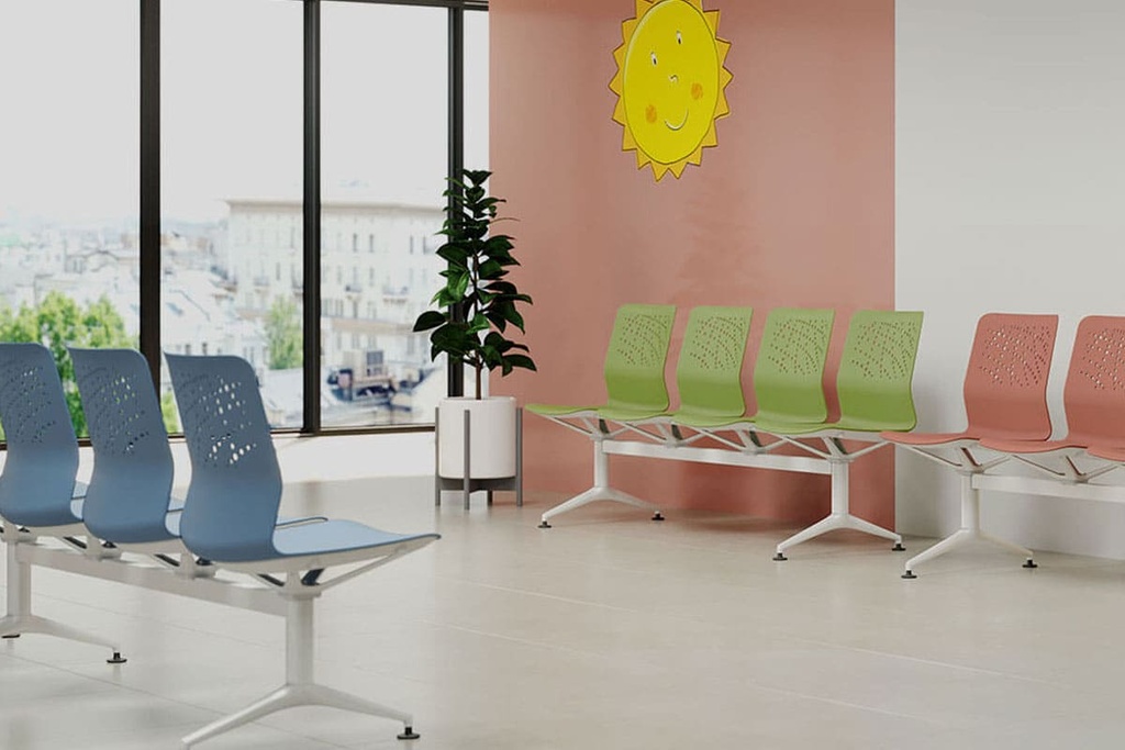 Bancada Urban en tonos pastel para consulta de pediatría: azul suave, verde hierba y rosa palo o coral