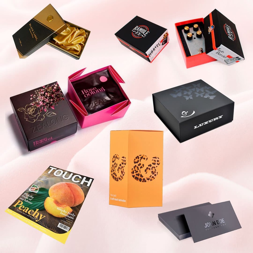 El plastificado soft touch otorga a los productos de imprenta, como cajas de packaging, un tacto cálido y suave que denota una sensación de producto de lujo o alta gama