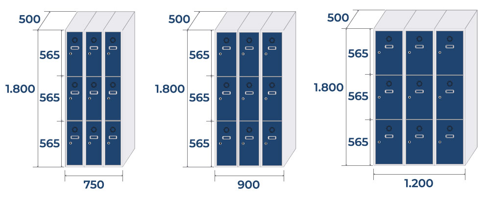 Medidas según el ancho de puerta de la taquilla metálica de 3 módulos de 3 puertas Eco Pro