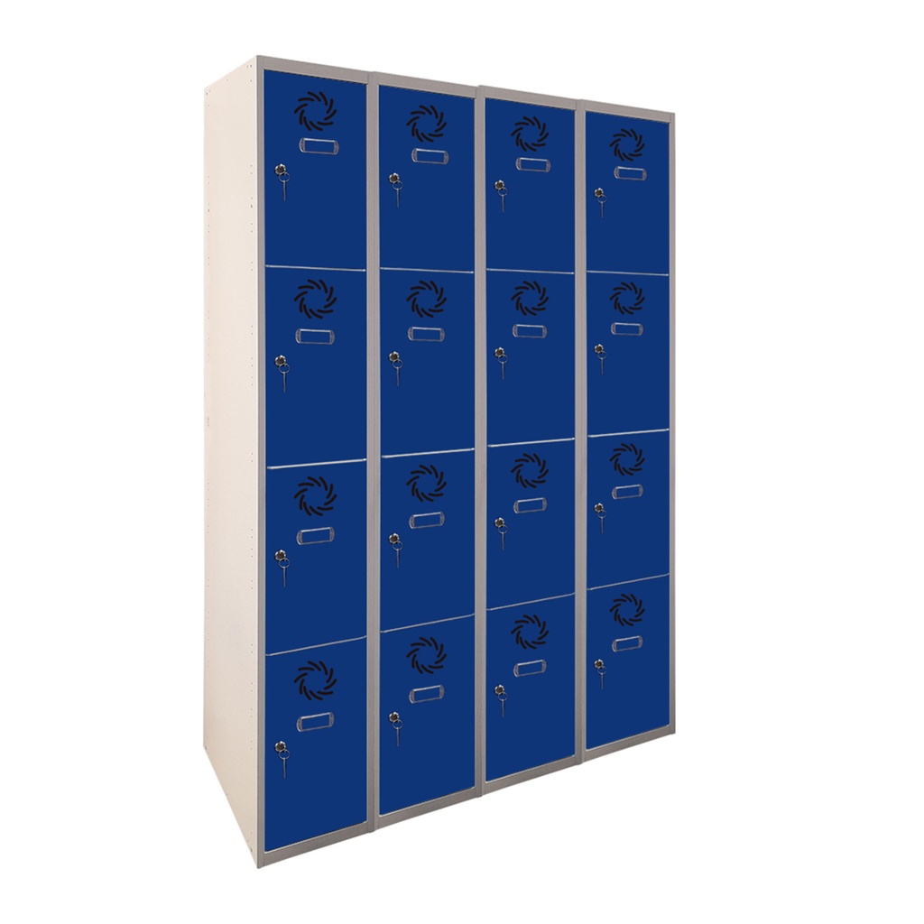 Taquilla metálica de 4 módulos de 4 puertas Eco Pro en color gris con puerta azul estándar