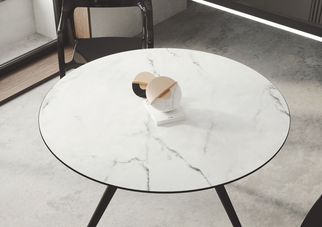 Mesa auxiliar redonda Arkitek con superficie fenólica efecto mármol con beta oscura
