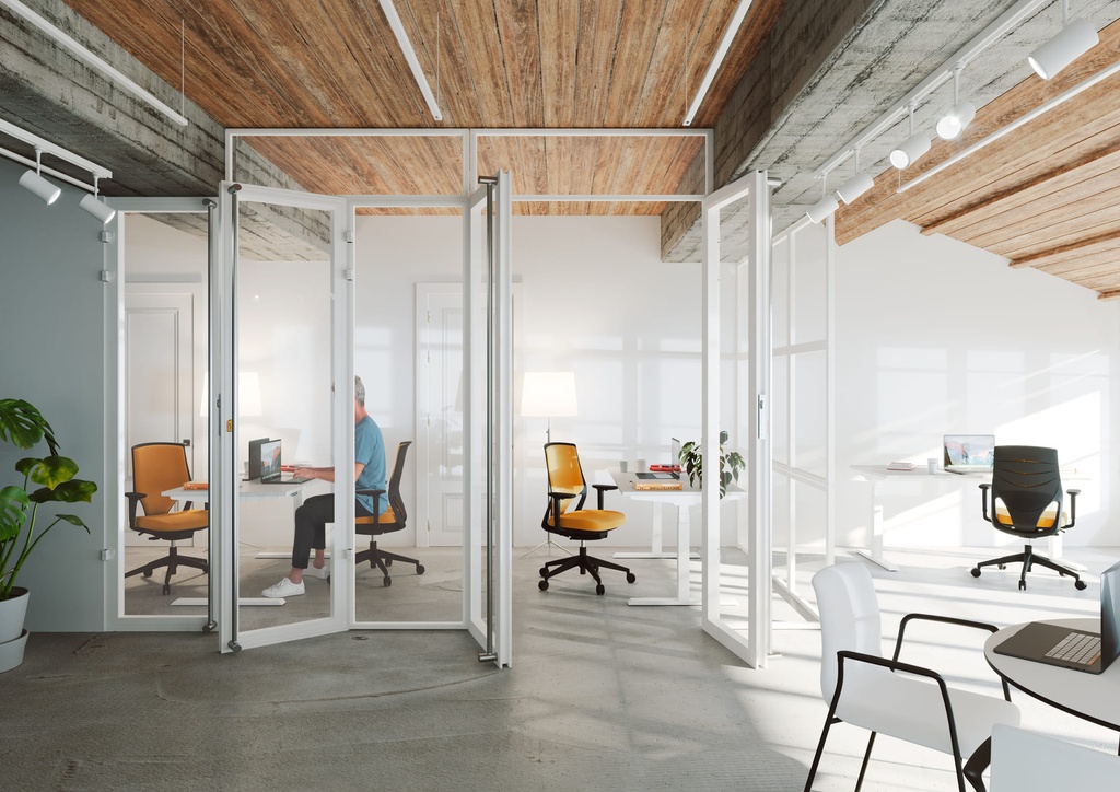 Cabina con mesa Mobility blanca de Actiu con estructura y tablero elevables