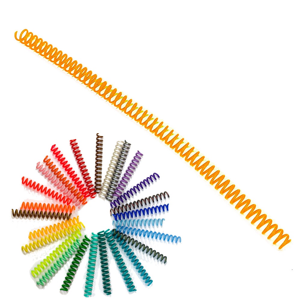 La espiral de encuadernación de plástico en acabado color 12 mm de diámetro y paso 5:1 se distribuye en cajas de 100 espirales para encuadernar