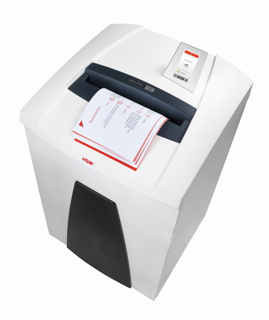 Destructora de documentos confidenciales con papelera extraíble HSM Securio P36i con corte en partículas de 0,78 x 11 mm.