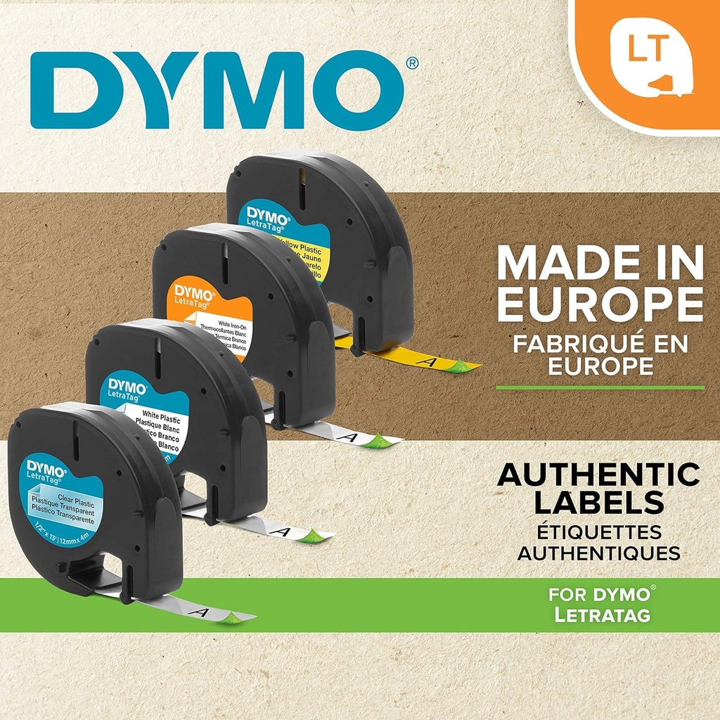 Cintas de etiquetado ecológicas Dymo LetraTag Plastic con fondo blanco