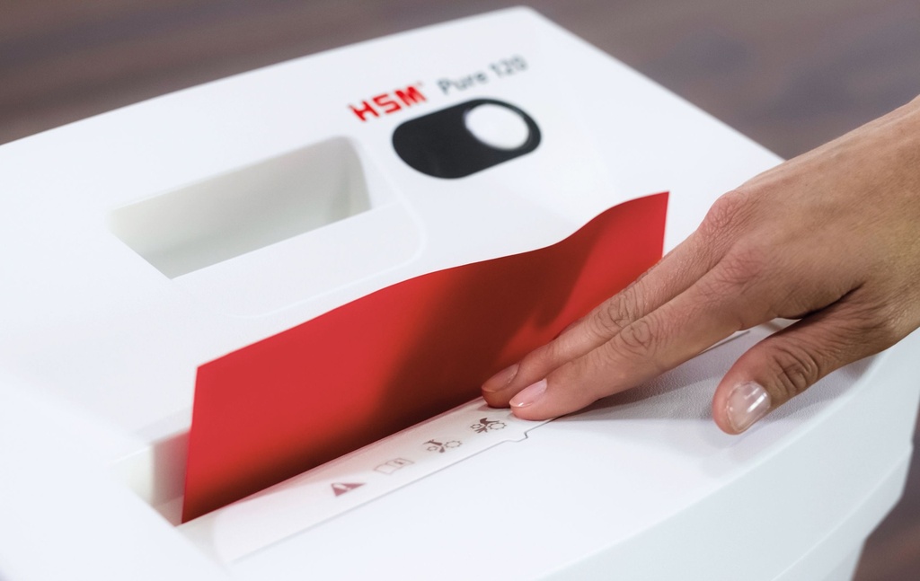 Destructora HSM Pure 120 con sistema de seguridad y corte en partículas de 4 x 25 mm.