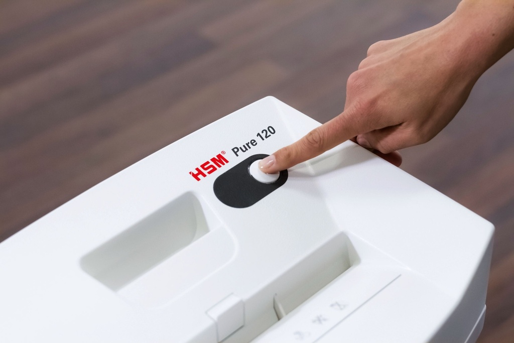 Destructora con ahorro de energía HSM Pure 120 con corte en partículas de 4 x 25 mm.