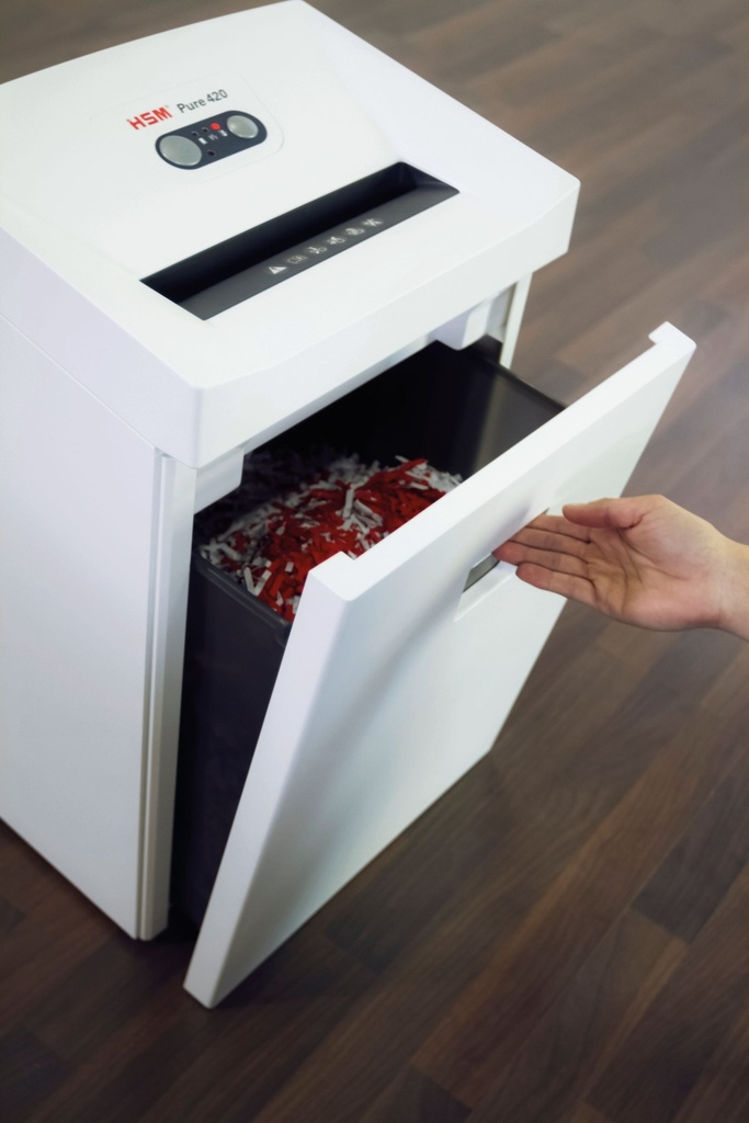 Papelera fácil de vaciar de destructora de papel HSM Pure 420 con corte en tiras de 3,9 mm.