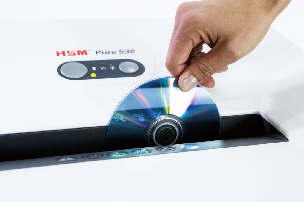 Destructora de CD HSM Pure 530 con sistema de seguridad con corte en partículas de 4,5 x 30 mm.