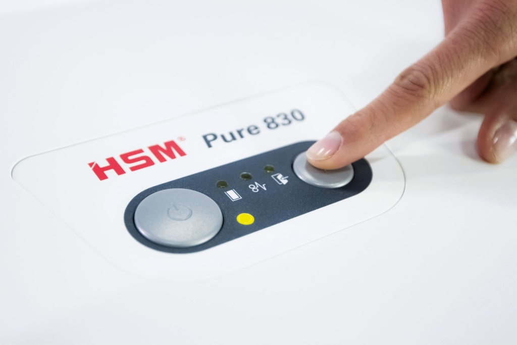 Destructora con ahorro de energía HSM Pure 830 con corte en partículas de 1,9 x 15 mm.