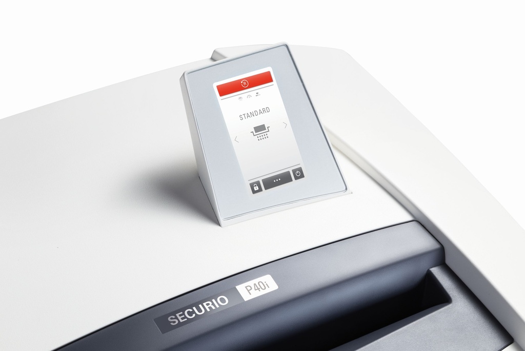 Destructora de papel con sistema Intelligent Drive HSM Securio P40i con corte en partículas de 0,78 x 11 mm.