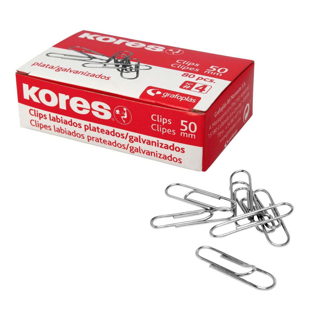 Clips niquelados 50 mm nº 4 Kores (Cajita 100 unidades)