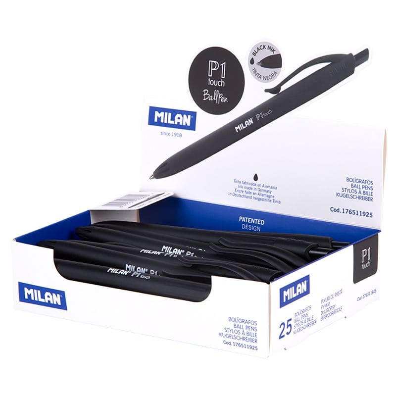 Bolígrafos retráctiles Milan P1 touch negro (Caja de 25 unidades)