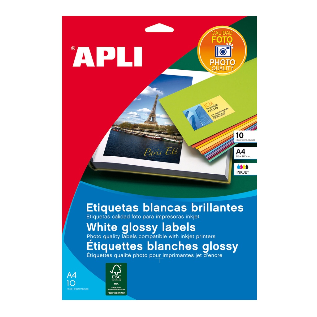Etiquetas blancas calidad fotográfica APLI 02926 – 199,6 x 289,1 mm, adhesivo permanente – Pack de 10 hojas