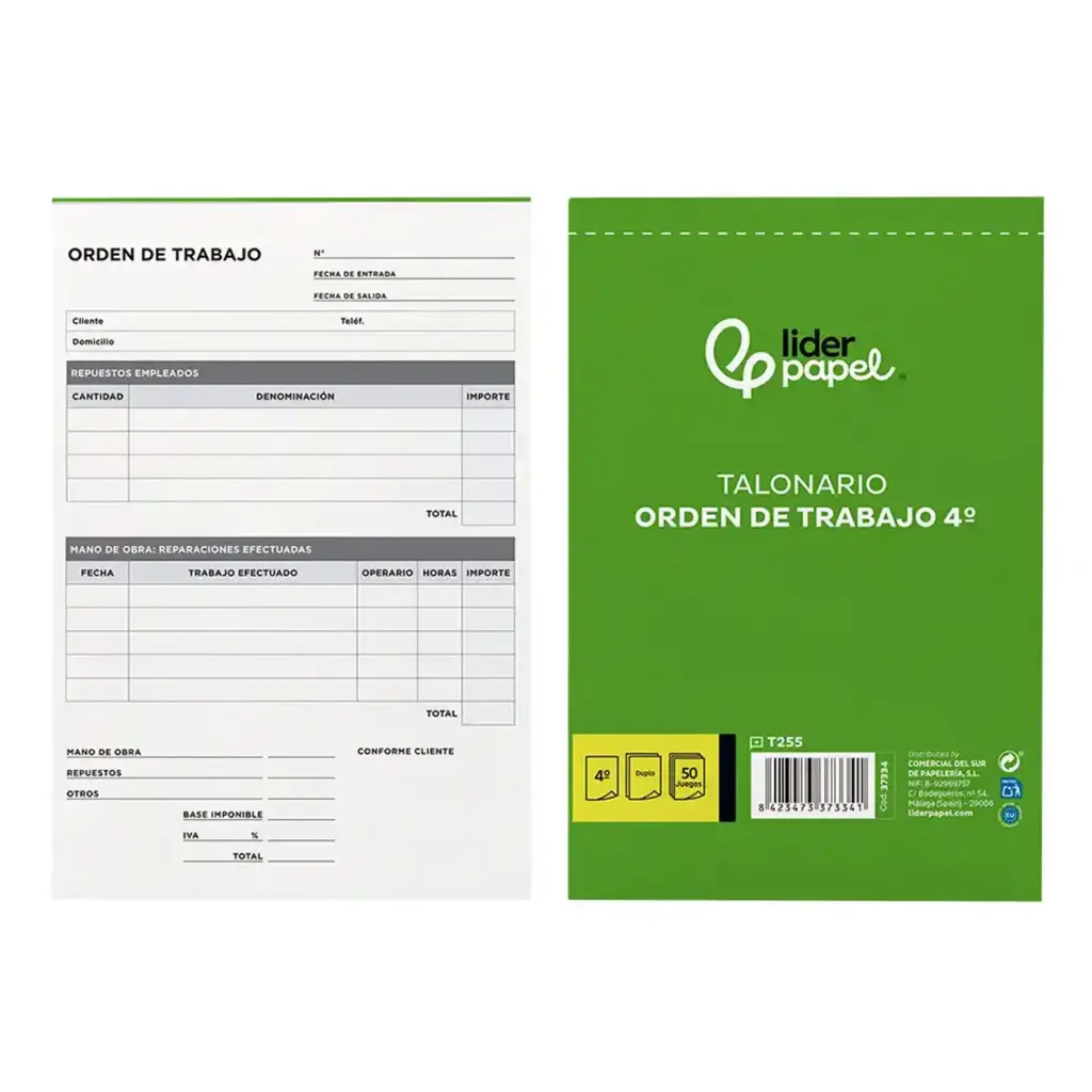 Talonario Orden de trabajo 1/4 natural duplicado T255 Liderpapel