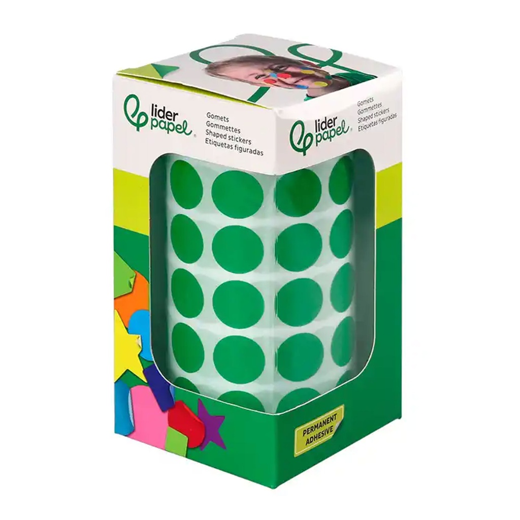 Gomets adhesivos circulares 15 mm verdes en rollo Liderpapel