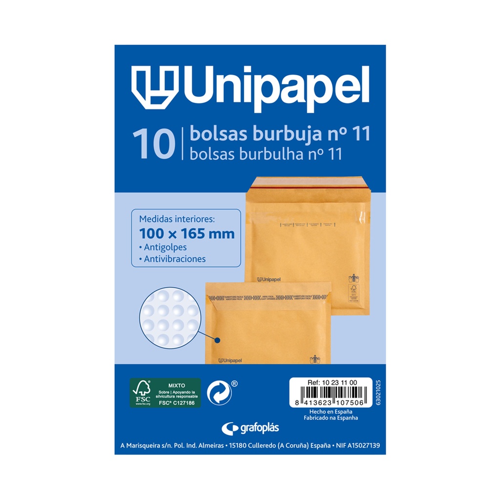 Bolsa kraft acolchada 100 x 165 mm nº11 Unipapel (Pack 10 unidades)
