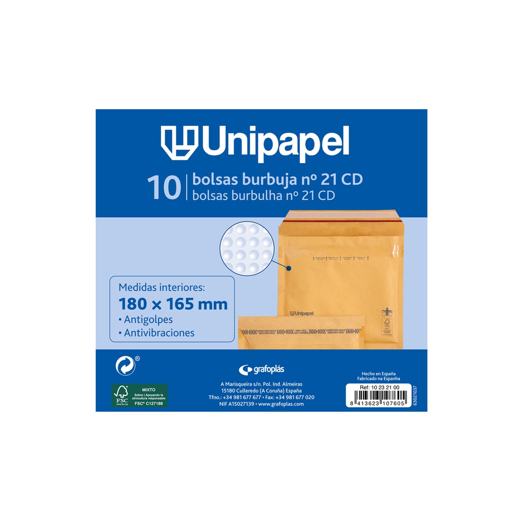 Bolsa kraft acolchada 180 x 165 mm nº21 CD Unipapel (Pack 10 unidades)