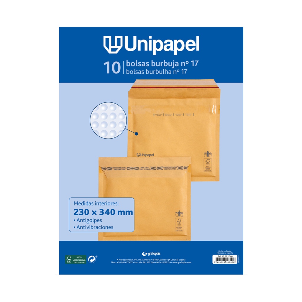 Bolsa kraft acolchada 240 x 340 mm nº17 Unipapel (Pack 10 unidades)