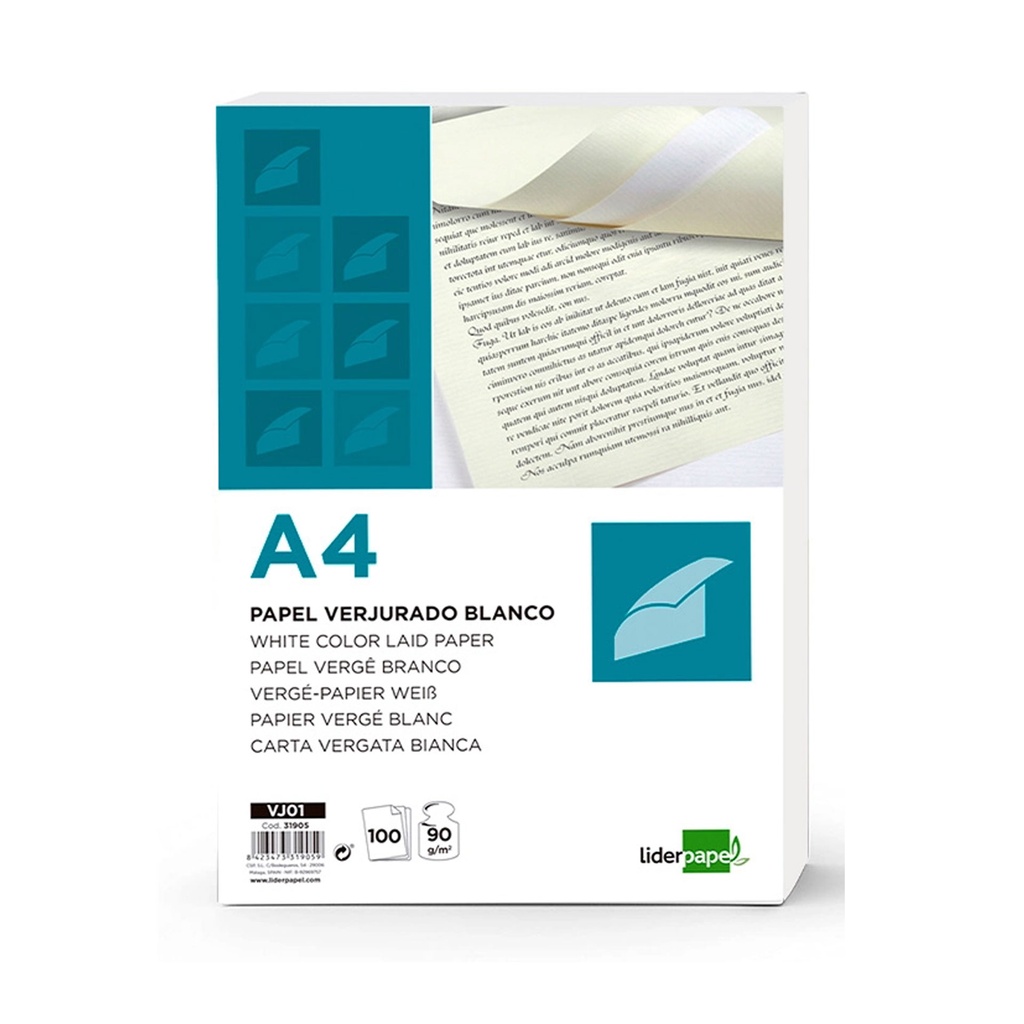 Papel A4 verjurado blanco 90 g/m² (Paquete de 100 hojas)