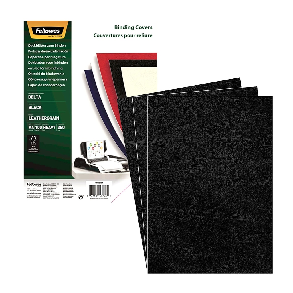 Portada de encuadernación A4 negra de cartulina de 250 g/m² Fellowes (Caja de 100)